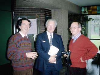James Brown OBE with ex-students JP(L) and Peter Hastings(R). A special presentation was made to Jim Brown at the Barbican in the 1980s by some of his former  Academy students as part of a British Horn Society event at the Guildhall School of Music.