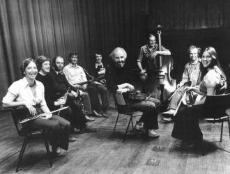 The Nash Ensemble of London 1970s. L to R:  Judith Pearce (flute) Robin Miller (oboe) Antony Pay (clarinet) Brian Wightman (bassoon)  JP (horn) Brian Hawkins (viola) Rodney Slatford (double bass) Christopher van Kampen (cello) Marcia Crayford (violin).