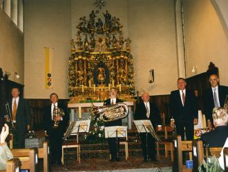 Swiss memorial concert after Philip Jones CBE passed away in July 2000. PJBE members l-r Roger Harvey, JP, James Gourlay, John Miller, James Watson, Michael Laird played in Grächen near Zermatt where Philip and his Swiss wife Ursula had a chalet.