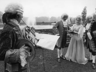 Bach at Blenheim Palace June 1969. Oxford Festival performers (some of) for Bach's "Coffee Cantata," incl. JP(left), seen here in period costume.