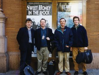 Michael Thompson Horn Quartet in New York November 1997 for Carnegie Hall concert to perform Paul McCartney's "Stately Horn" quartet (broadcast to over 400 US radio stations). (L to R) Richard Watkins, Michael Thompson, JP, Richard Bissill.